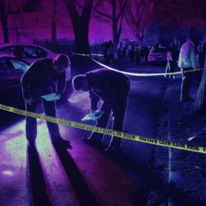 Scena del crimine notturna delimitata da nastro giallo della polizia, due agenti esaminano documenti sull’asfalto, sfondo urbano con luci viola e presenza di curiosi: atmosfera investigativa tesa in stile noir contemporaneo.
